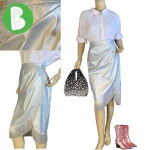 BELLE POQUE SILVER FAUX LEATHER WRAP SKIRT WITH FRINGE NWT (L)